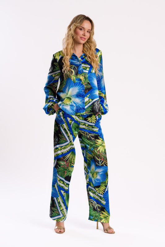 Vibrant Orchid & Leaf Print Satin Shirt Blouse