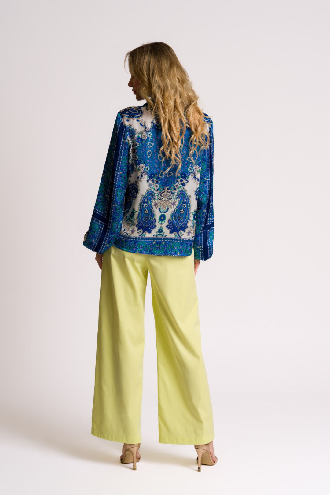 Blue and Cream Paisley Print Satin Shirt Blouse