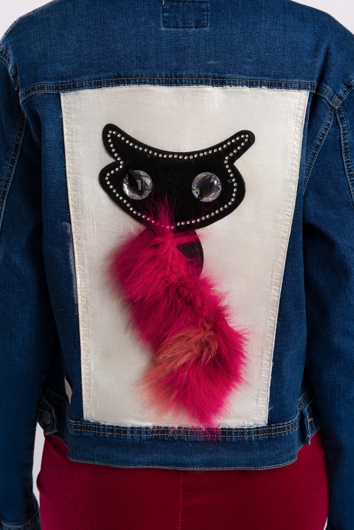 Faux fur applique cat denim jacket #recycled