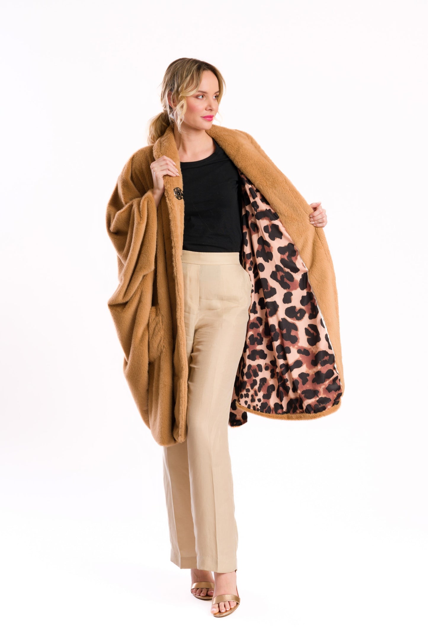 Camel Faux Fur Poncho with Leopard Lining