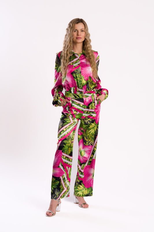 Tropical Print Satin Shirt Blouse