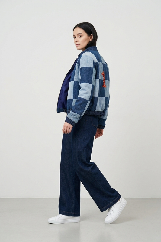 Recycled Denim Checkered Bomber Jacket made from Jeans "1"