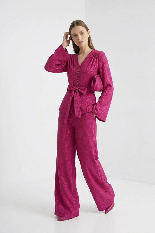 Upcycled Curtain Shirt in Magenta Woodgrain Jacquard