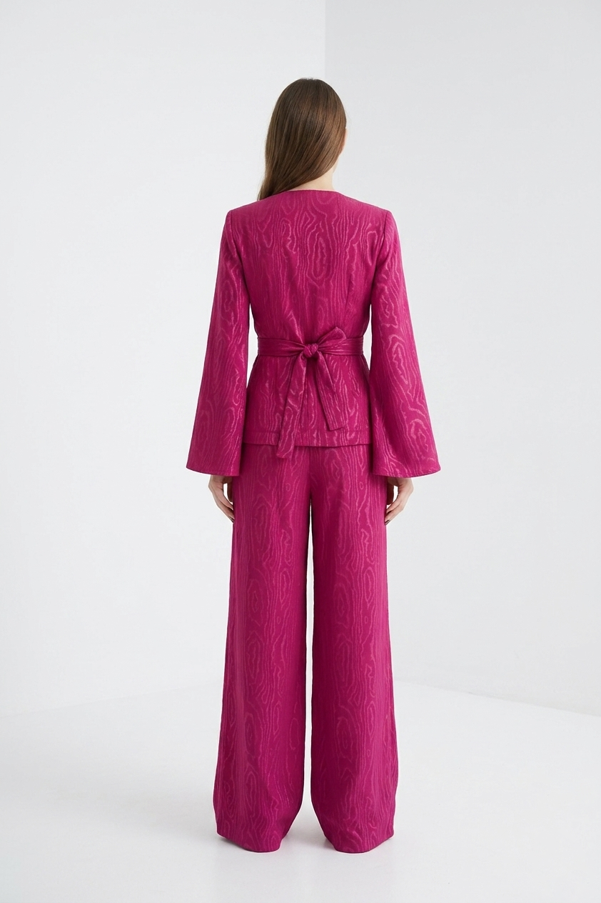 Upcycled Curtain Wide-Leg Trousers in Magenta Woodgrain Jacquard