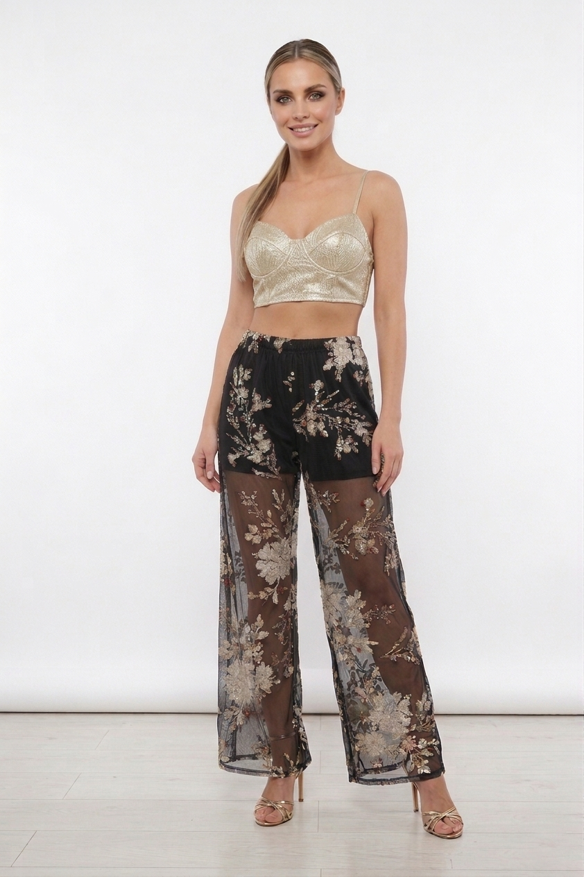 Recycled Sari Sequin Mesh Wide Leg Trousers