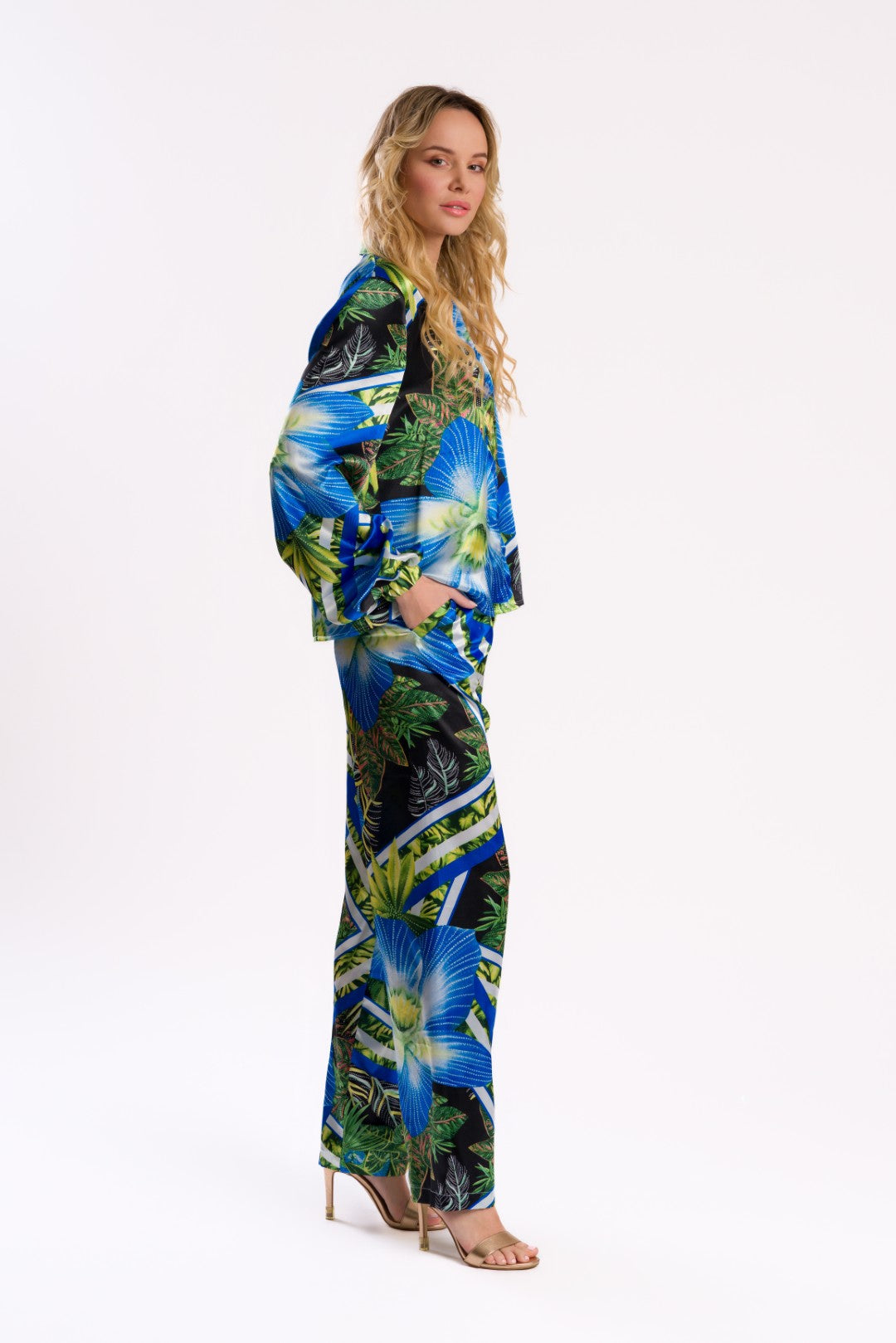 Vibrant Orchid & Leaf Print Satin Pants