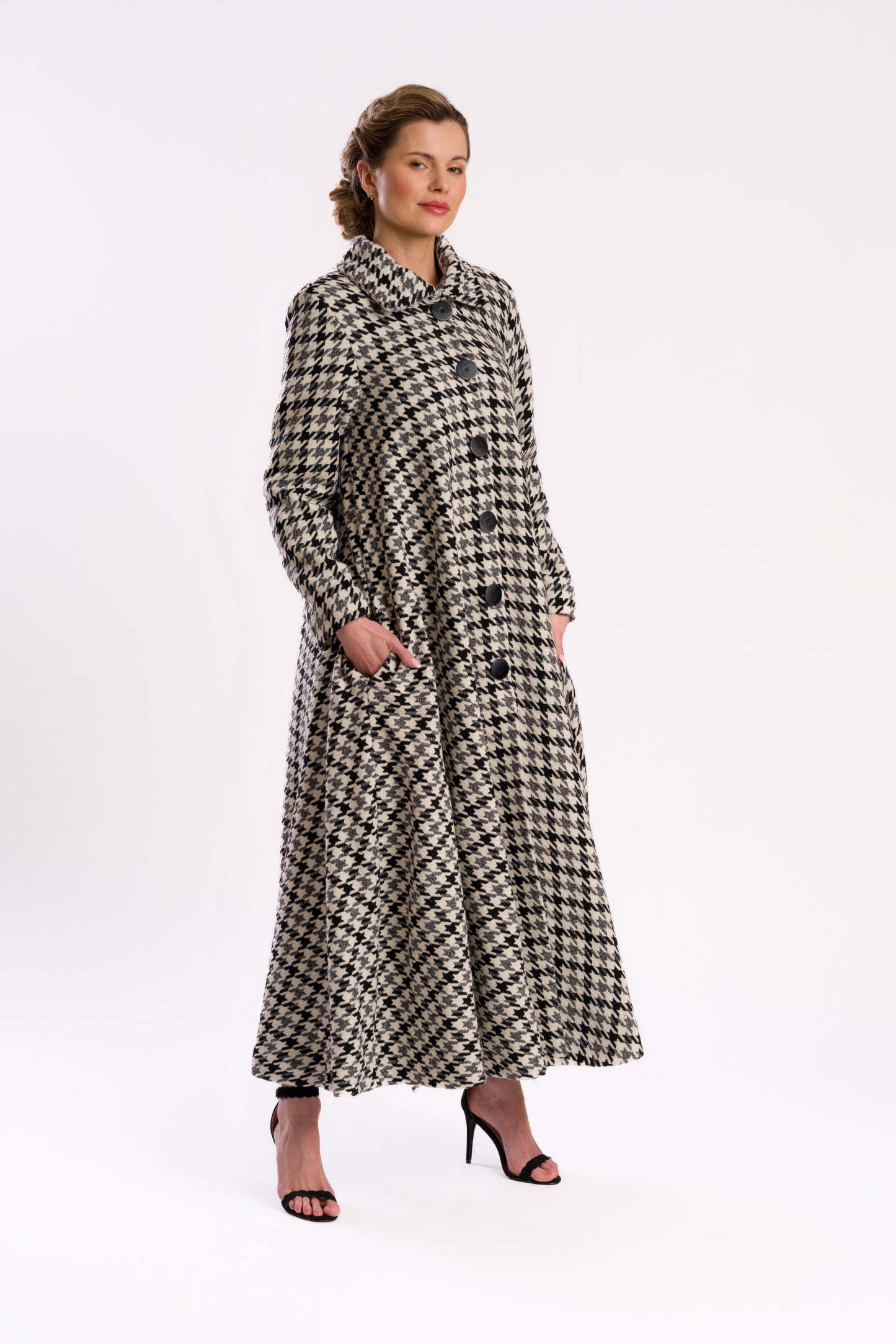 Black and White Houndstooth Midi Coat