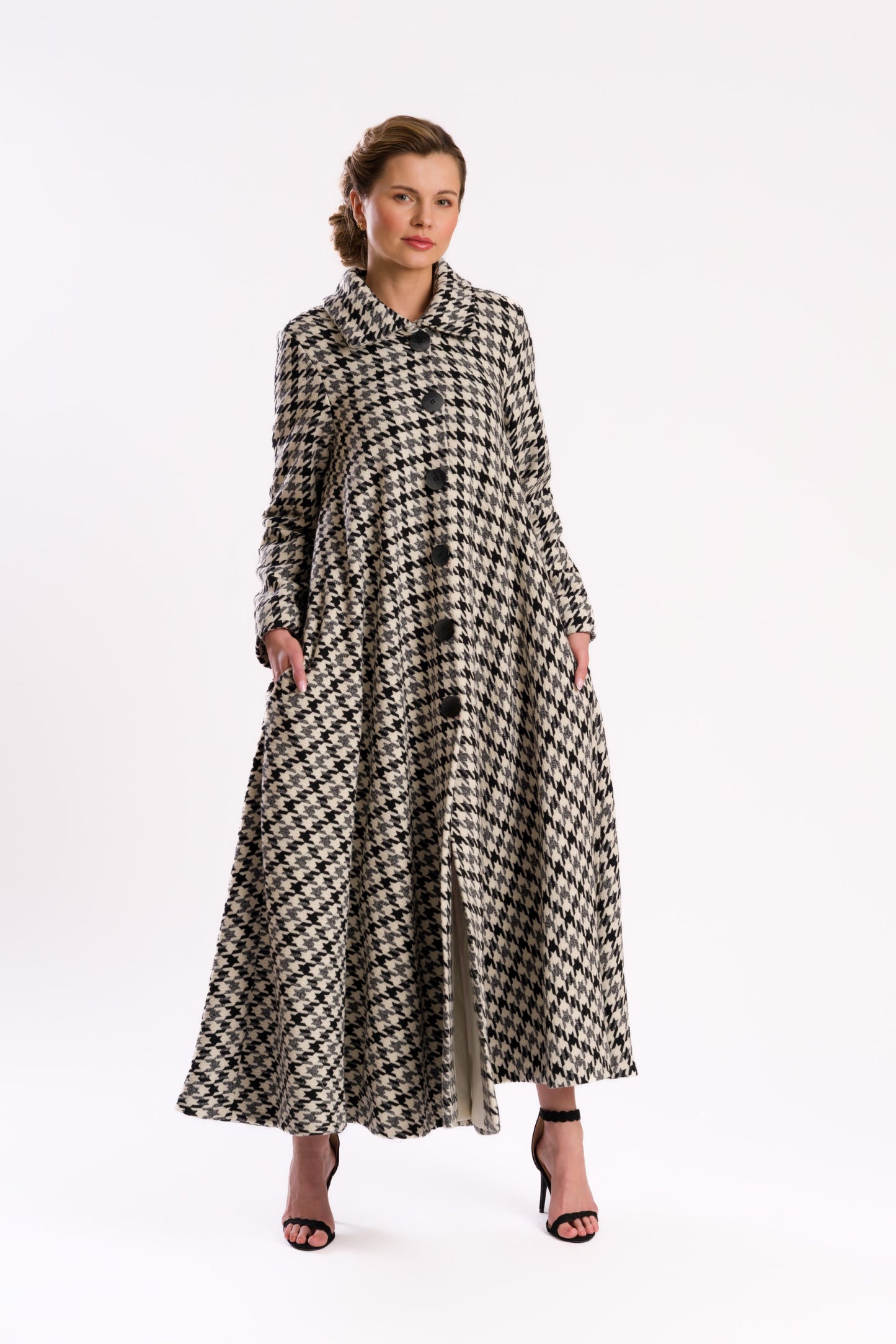Black and White Houndstooth Midi Coat