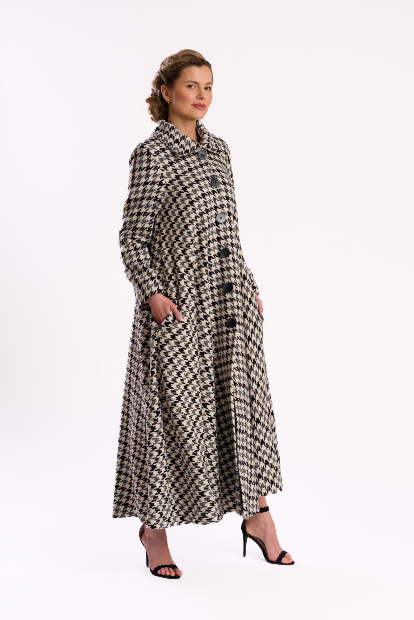 Black and White Houndstooth Midi Coat