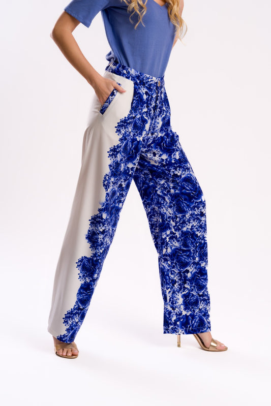 Two-Tone Floral Print Wide-Leg Pants