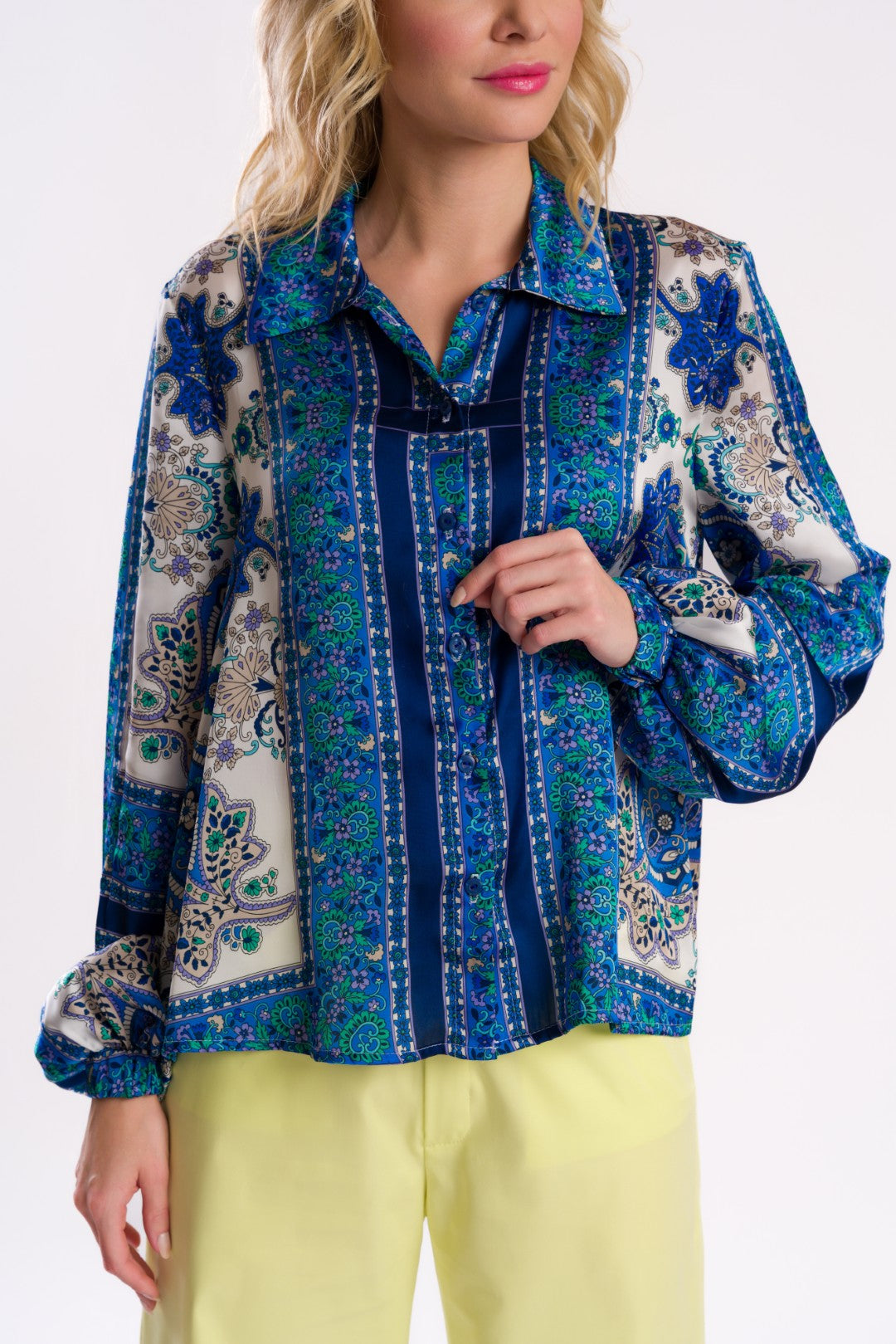 Blue and Cream Paisley Print Satin Shirt Blouse