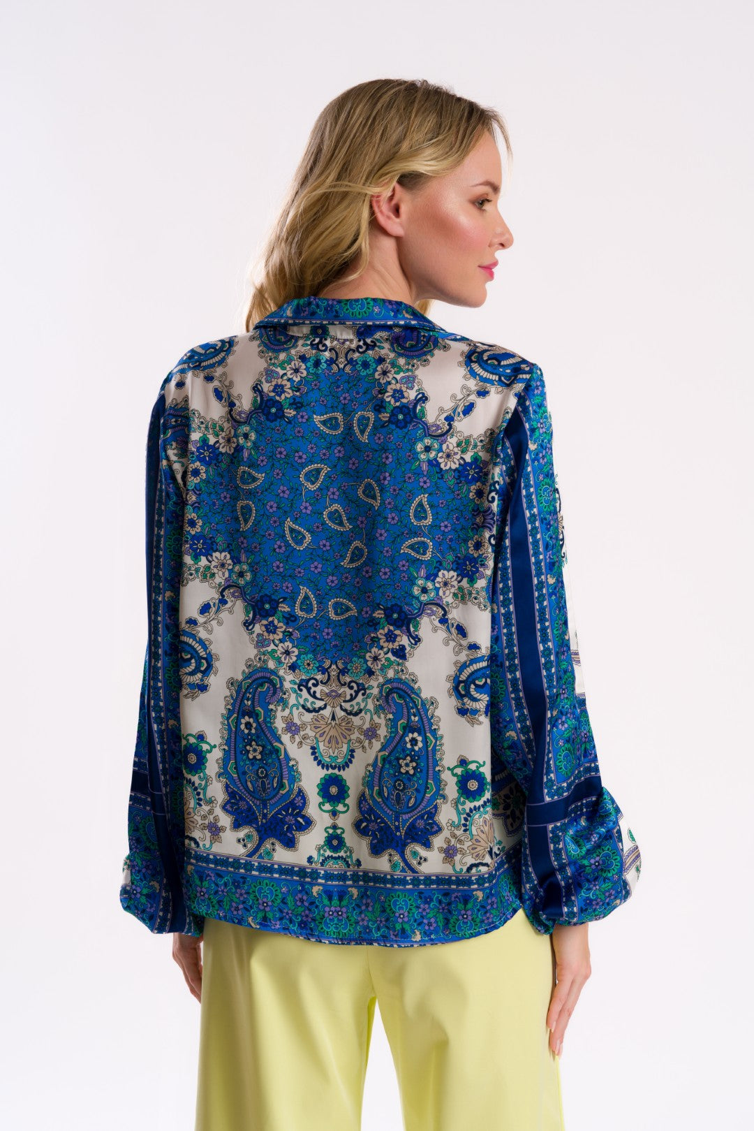 Blue and Cream Paisley Print Satin Shirt Blouse