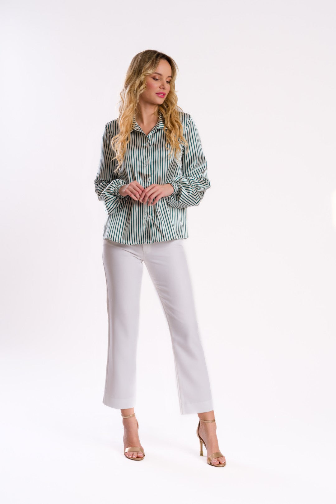 Green & White Stripe Buttoned Shirt Blouse