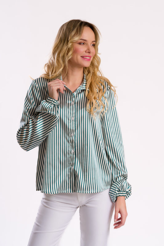 Green & White Stripe Buttoned Shirt Blouse
