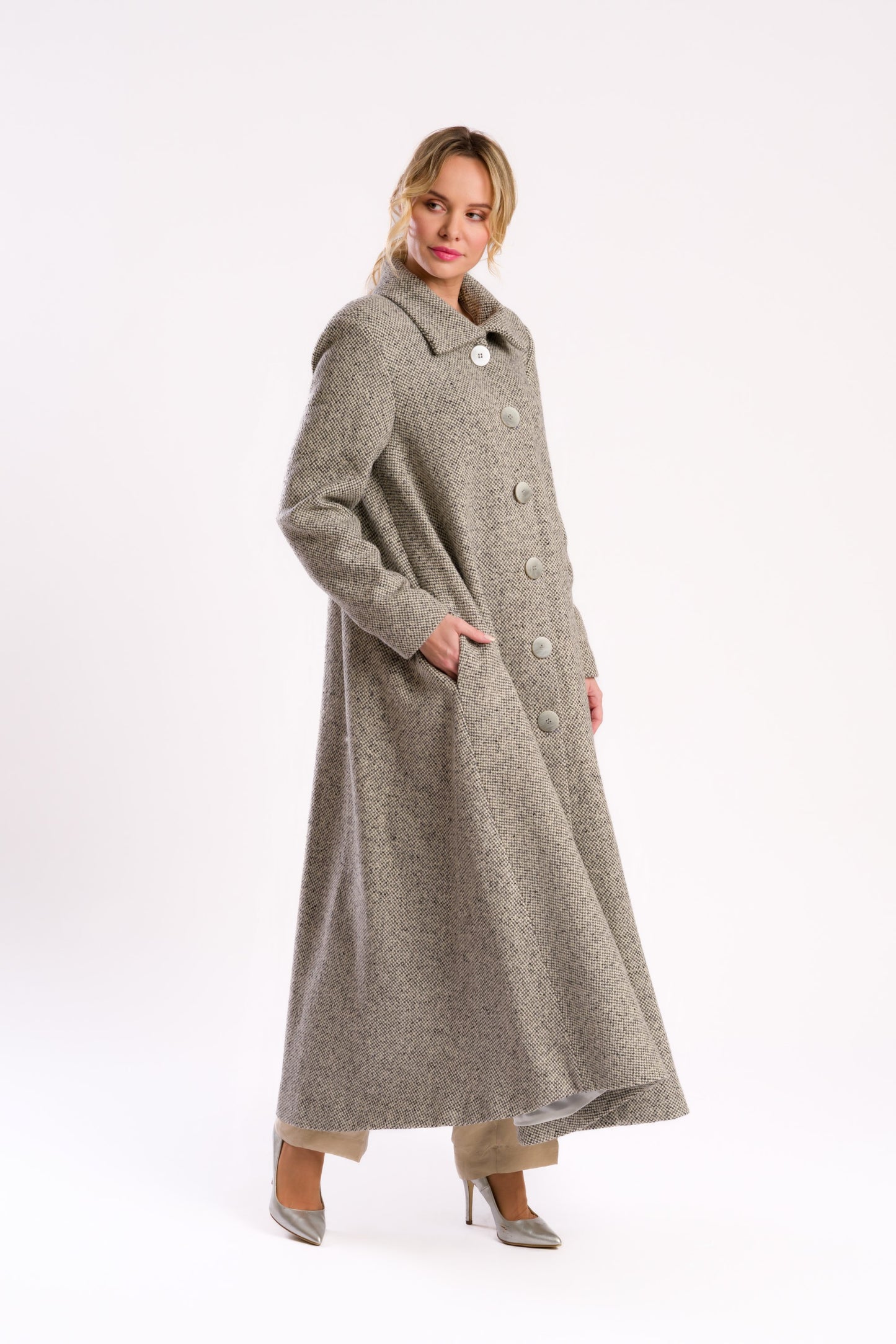 Grey Herringbone or Tweed Midi Coat
