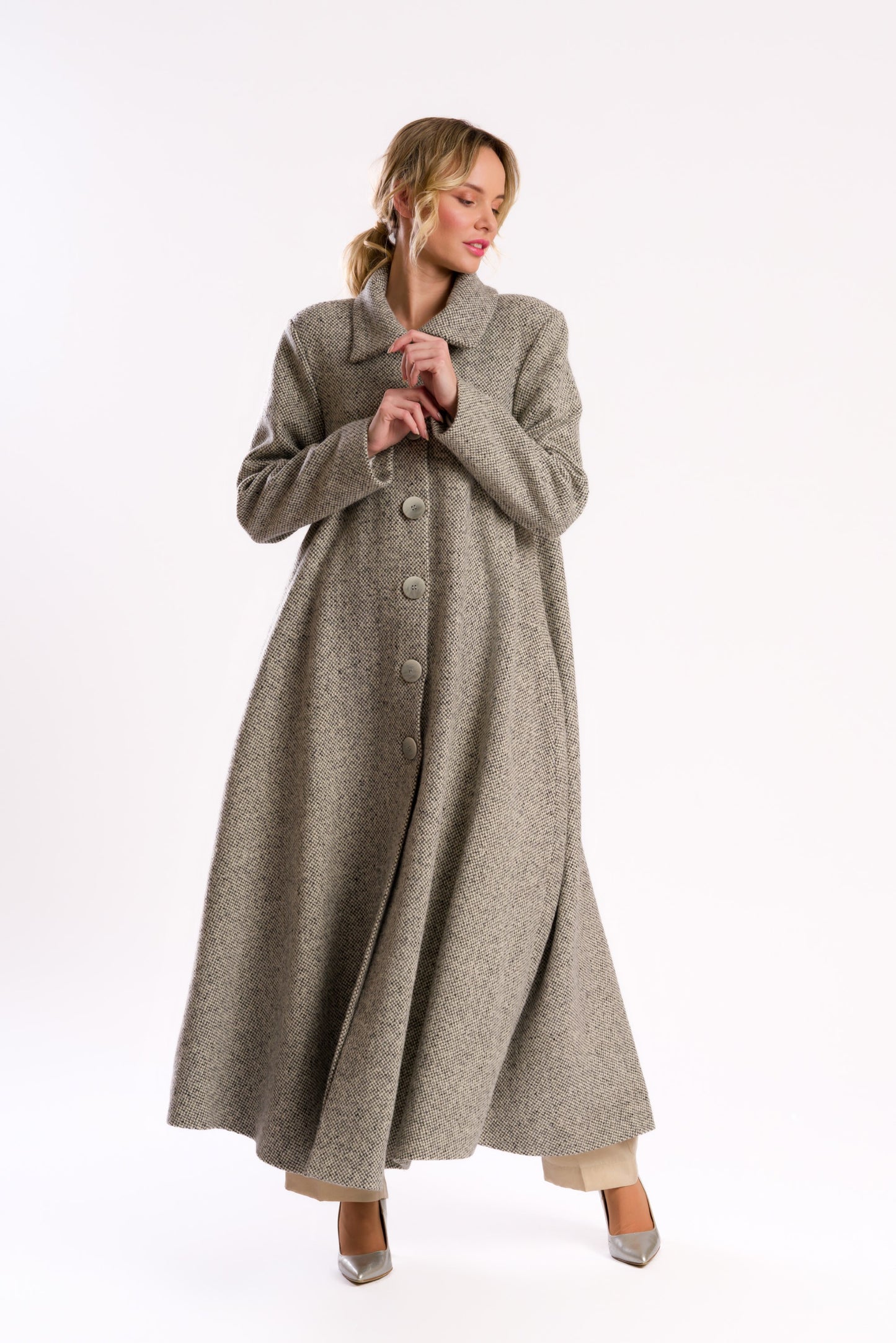 Grey Herringbone or Tweed Midi Coat