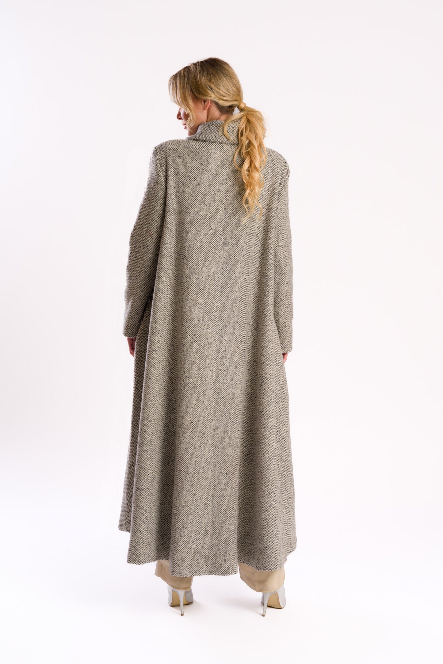 Grey Herringbone or Tweed Midi Coat