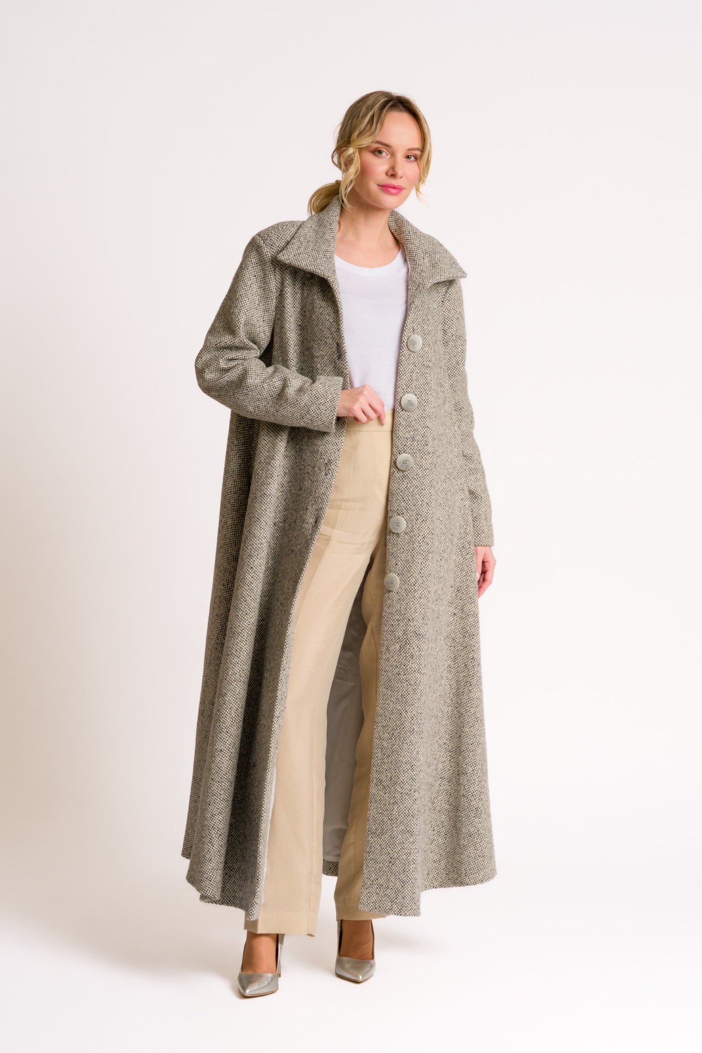 Grey Herringbone or Tweed Midi Coat