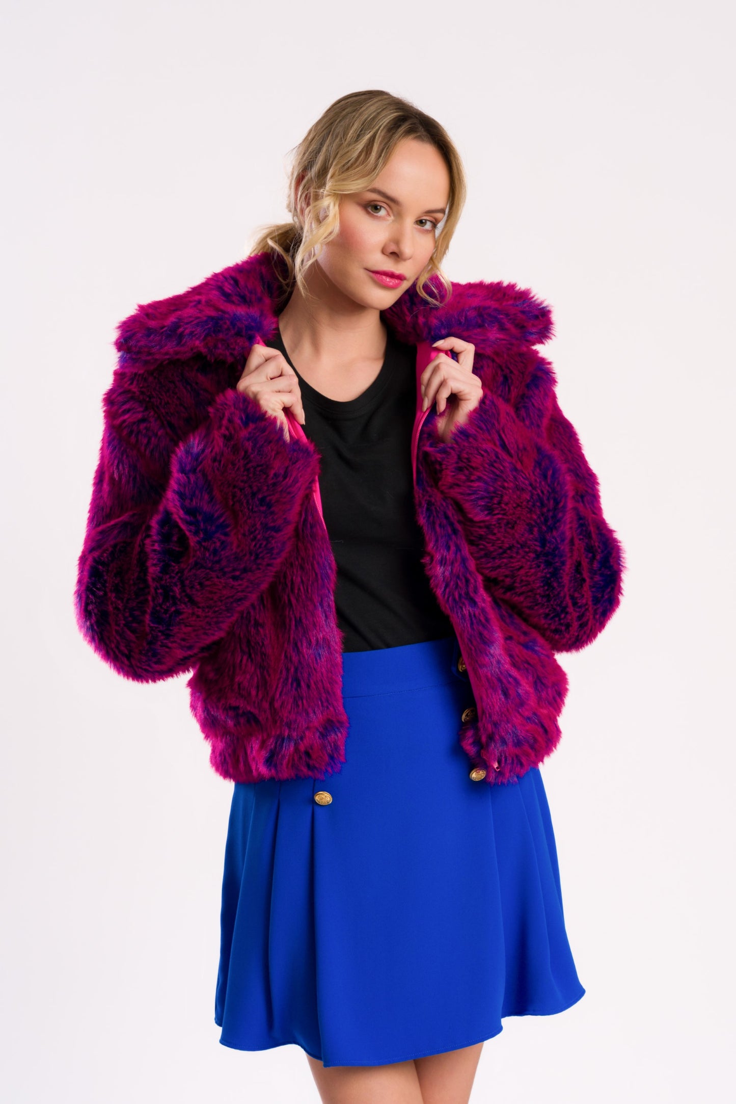 Fuchsia and Purple Shaggy Faux Fur Jacket