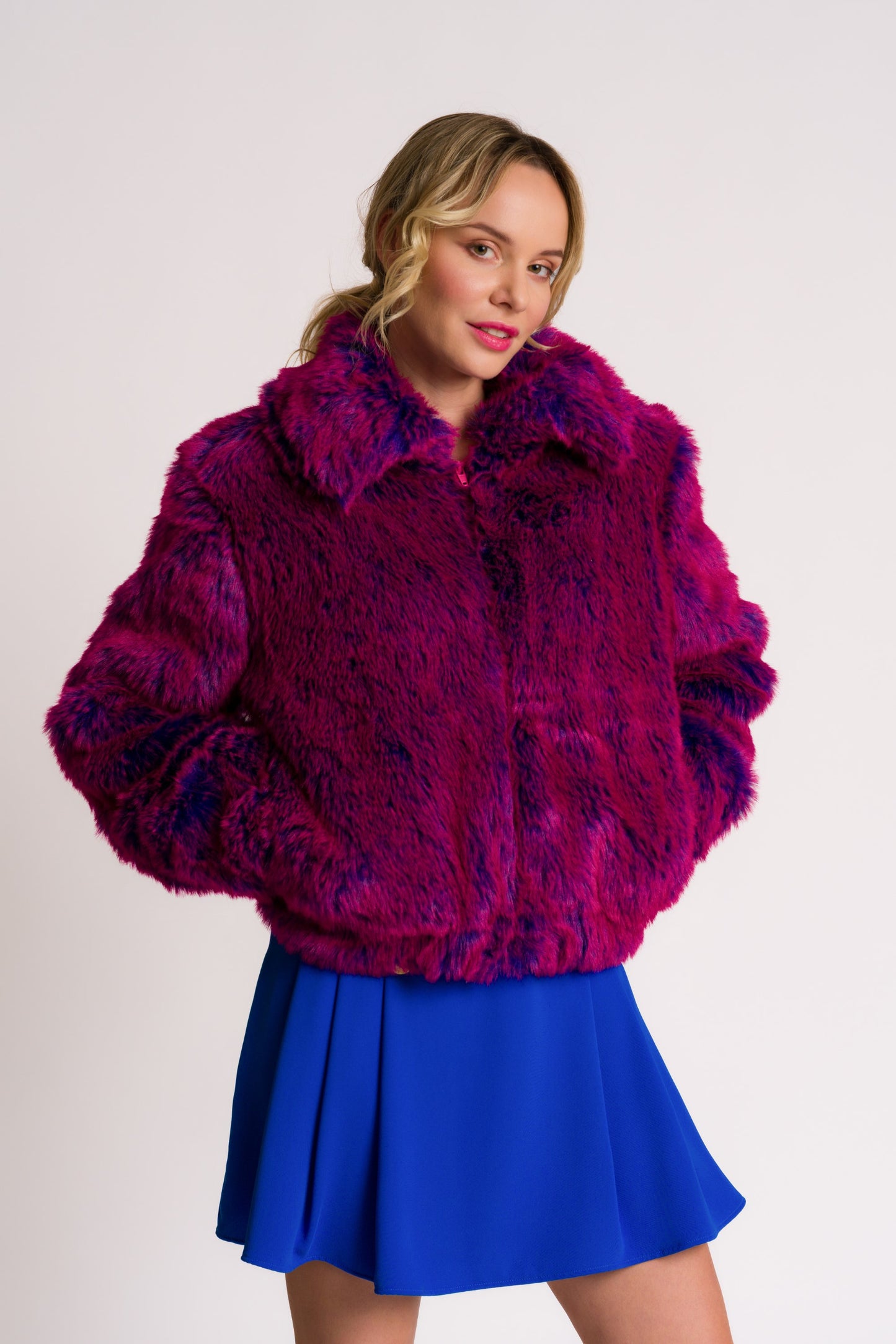 Fuchsia and Purple Shaggy Faux Fur Jacket