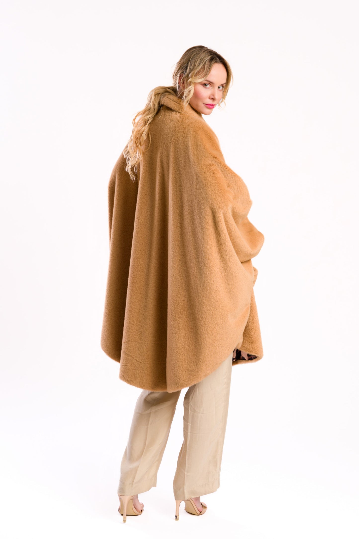 Camel Faux Fur Poncho with Leopard Lining