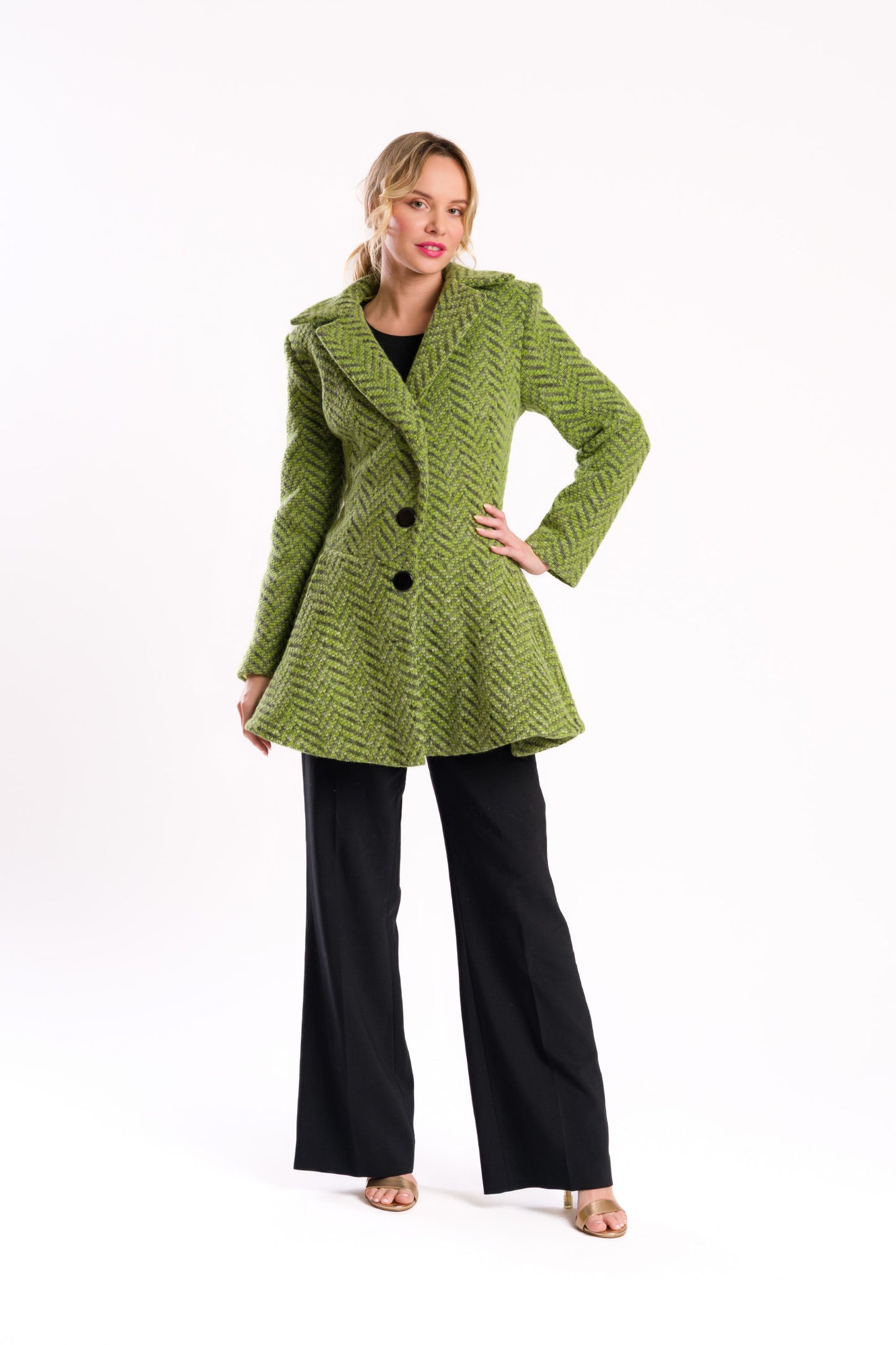 Green Herringbone Fitted Coat