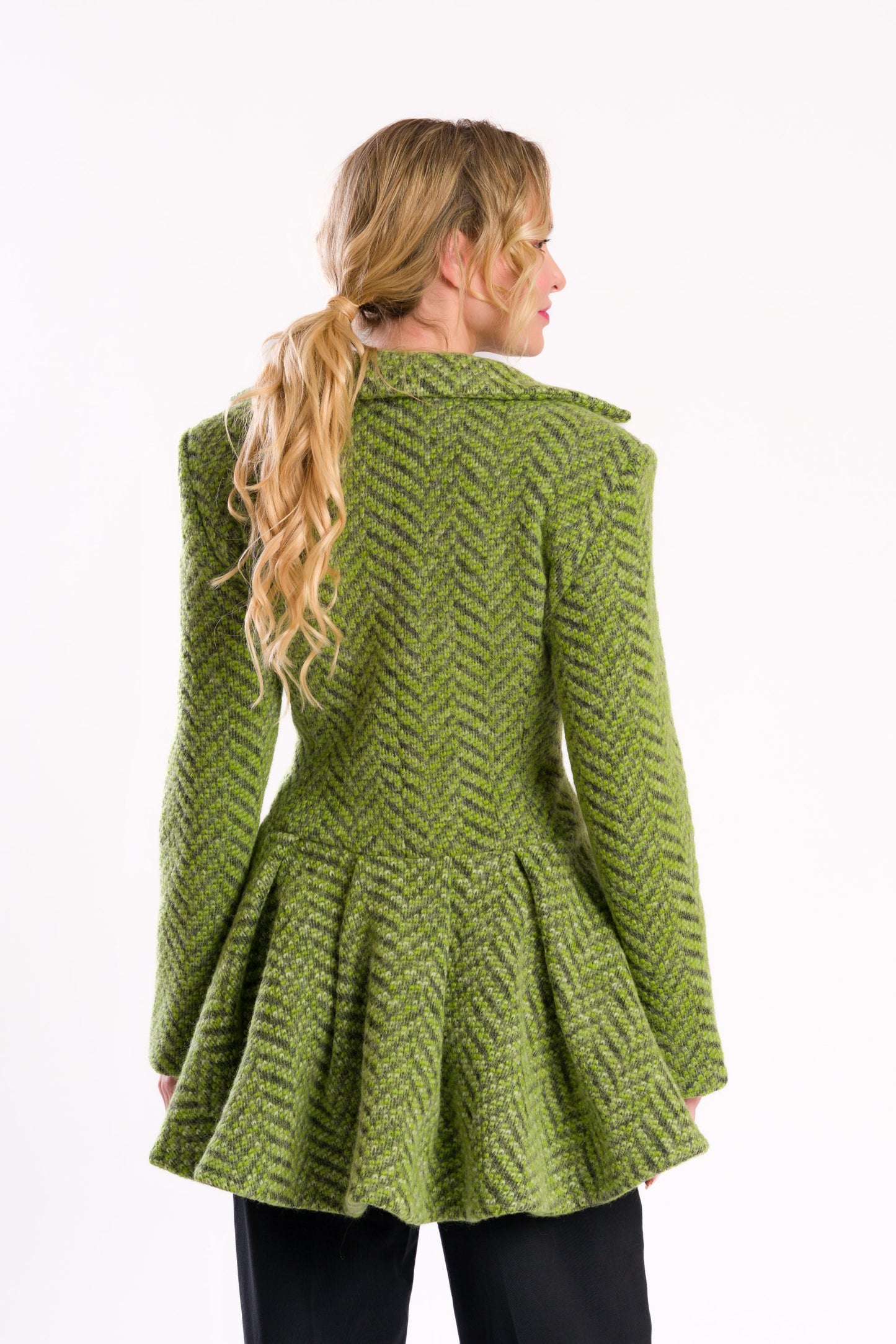Green Herringbone Fitted Coat