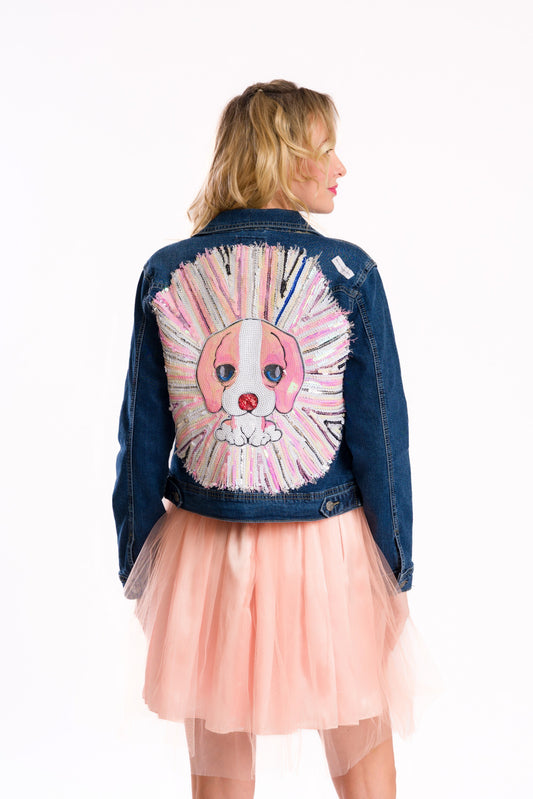 Sequined puppy denim jacket #recycled