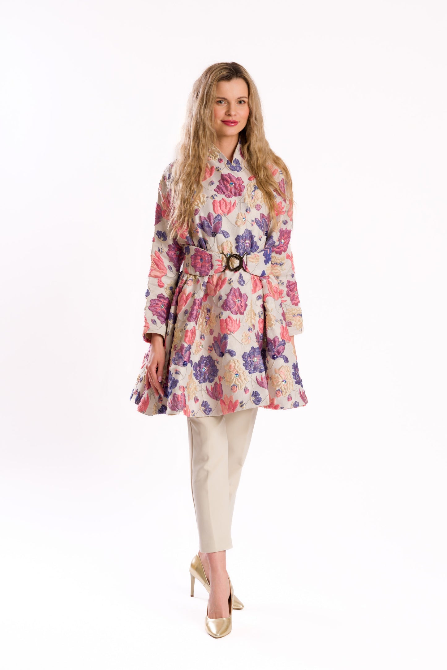 Embossed Floral Belted Coat