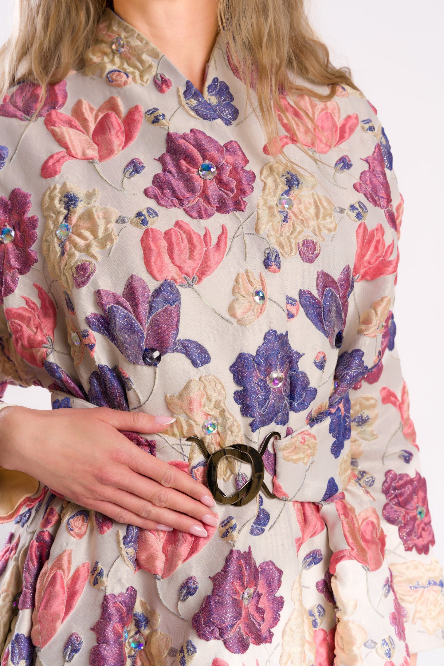 Embossed Floral Belted Coat