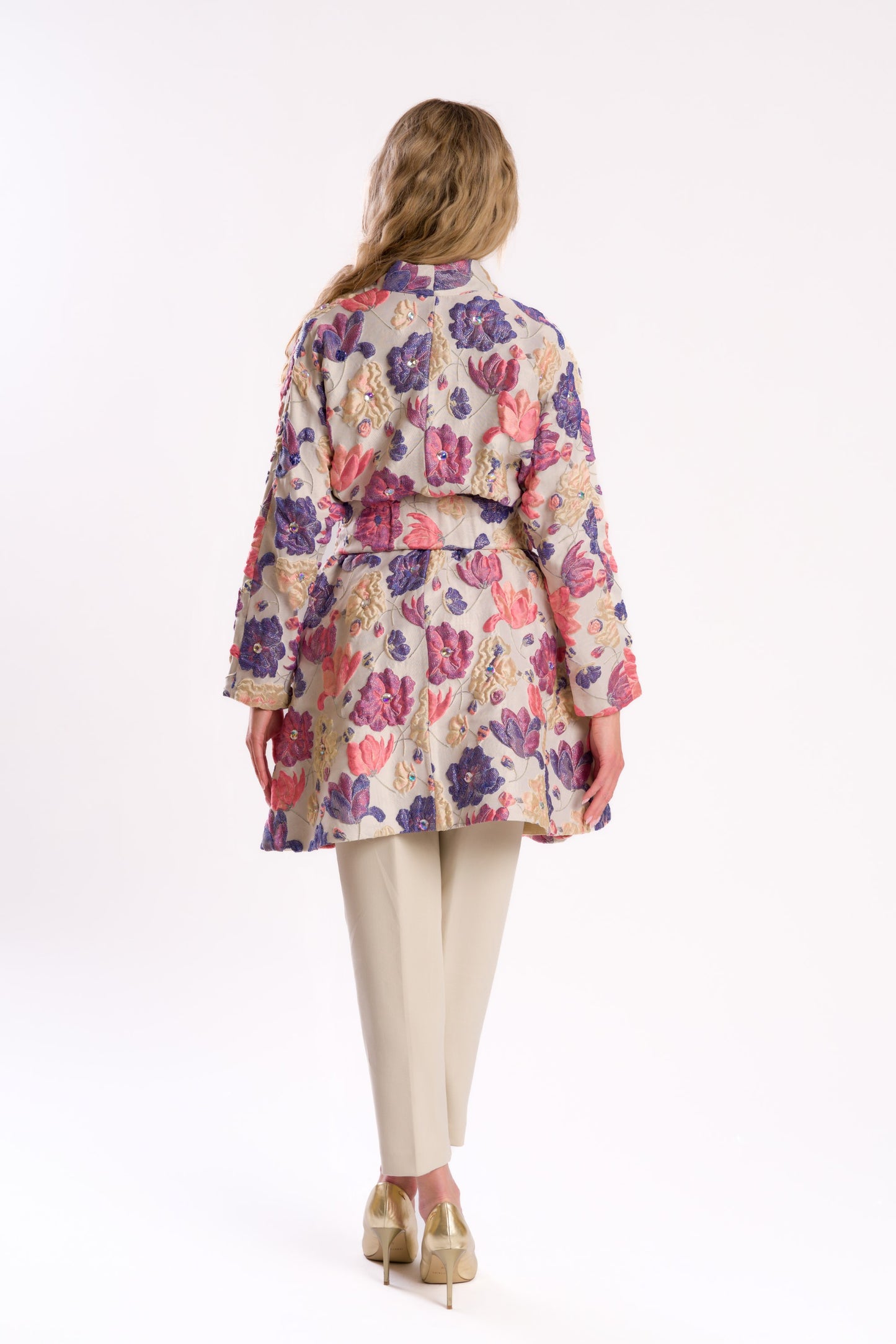 Embossed Floral Belted Coat