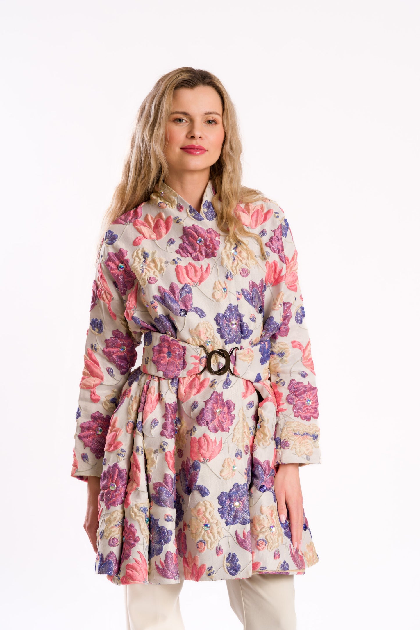 Embossed Floral Belted Coat