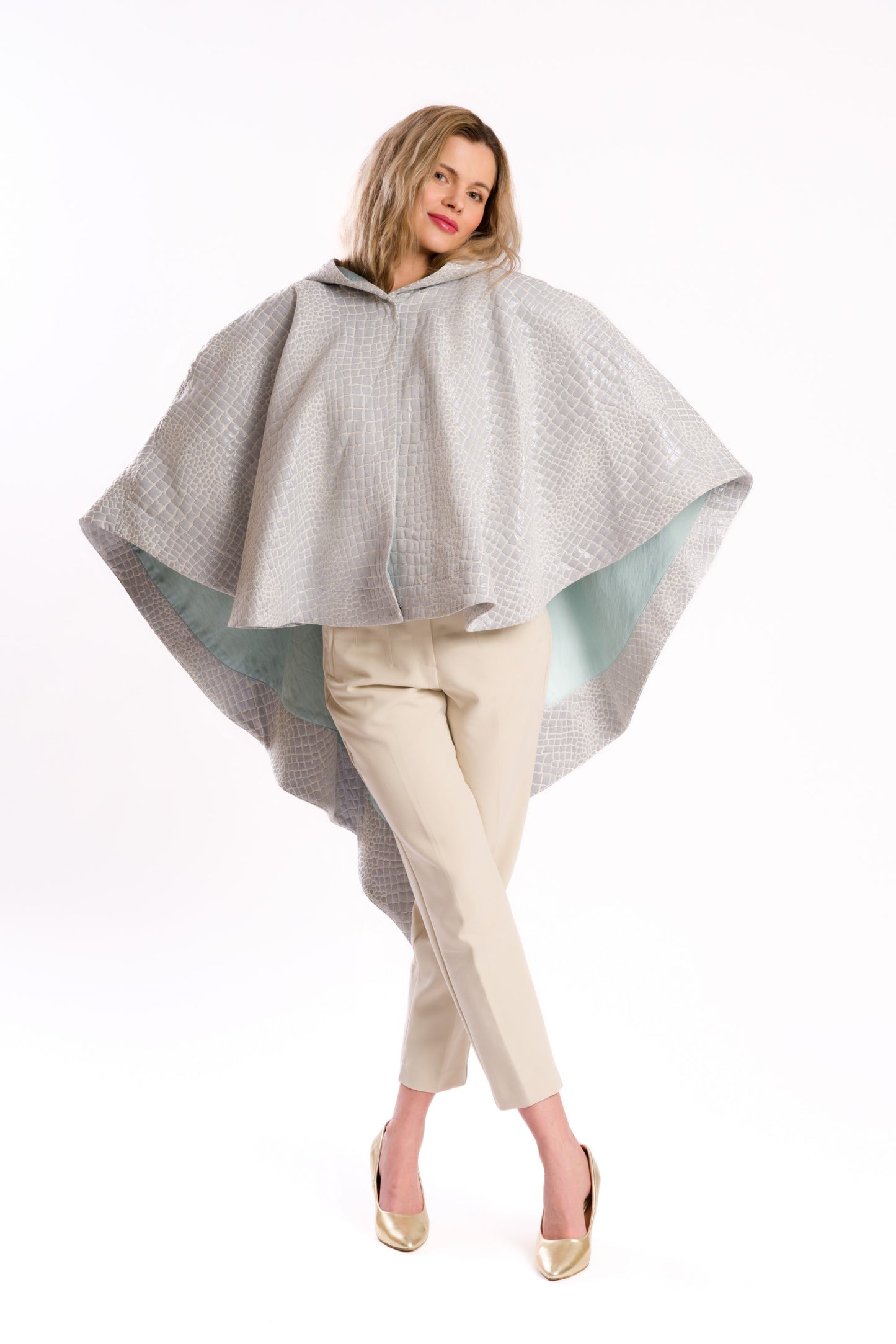 Light Blue Embossed Faux Leather Hooded Poncho