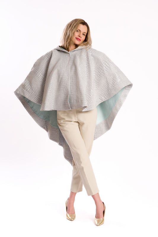 Light Blue Embossed Faux Leather Hooded Poncho