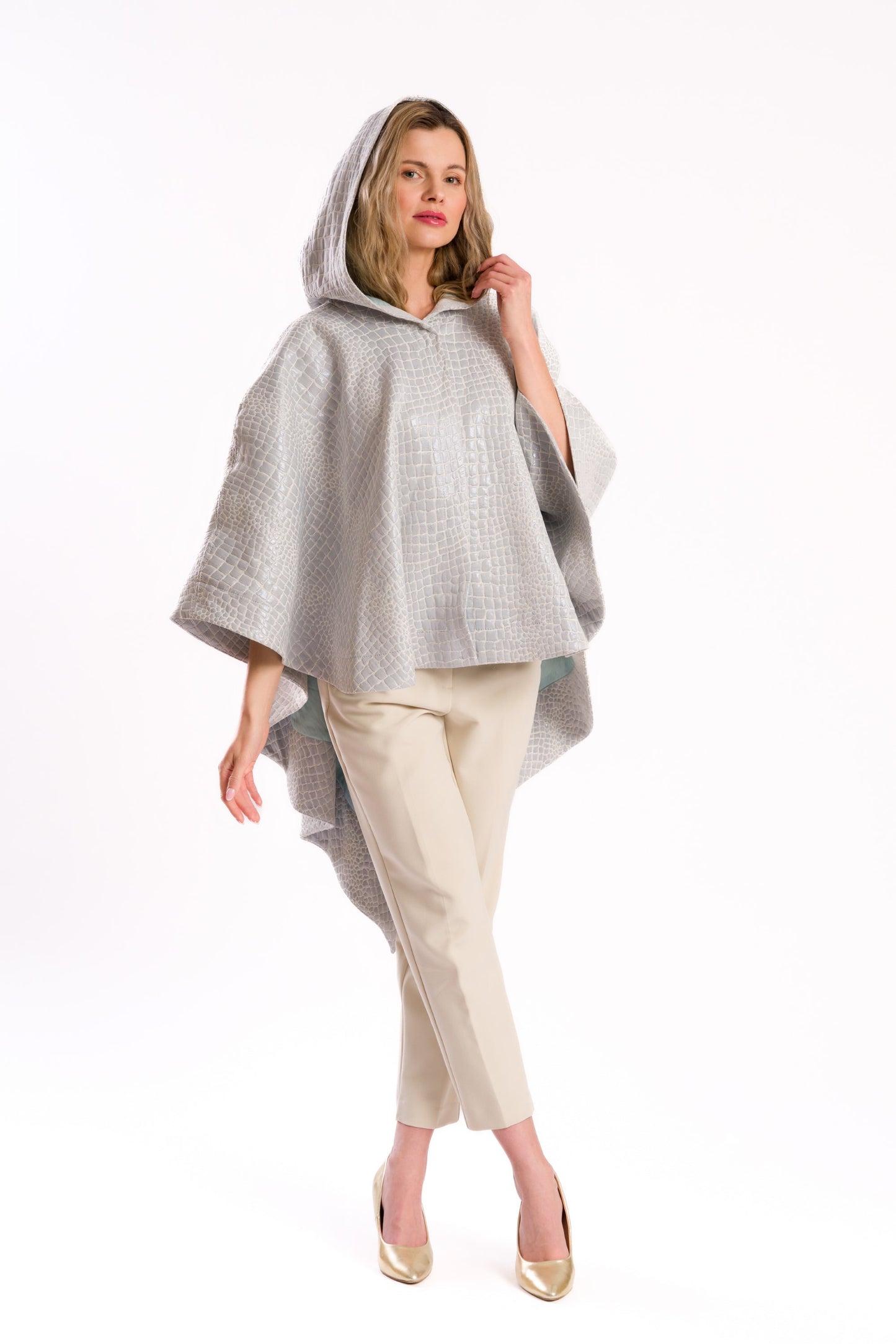 Light Blue Embossed Faux Leather Hooded Poncho