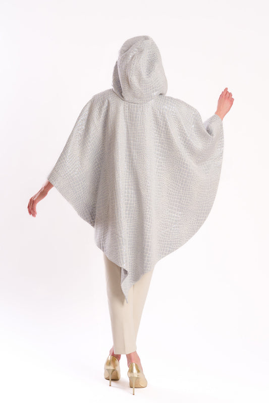 Light Blue Embossed Faux Leather Hooded Poncho