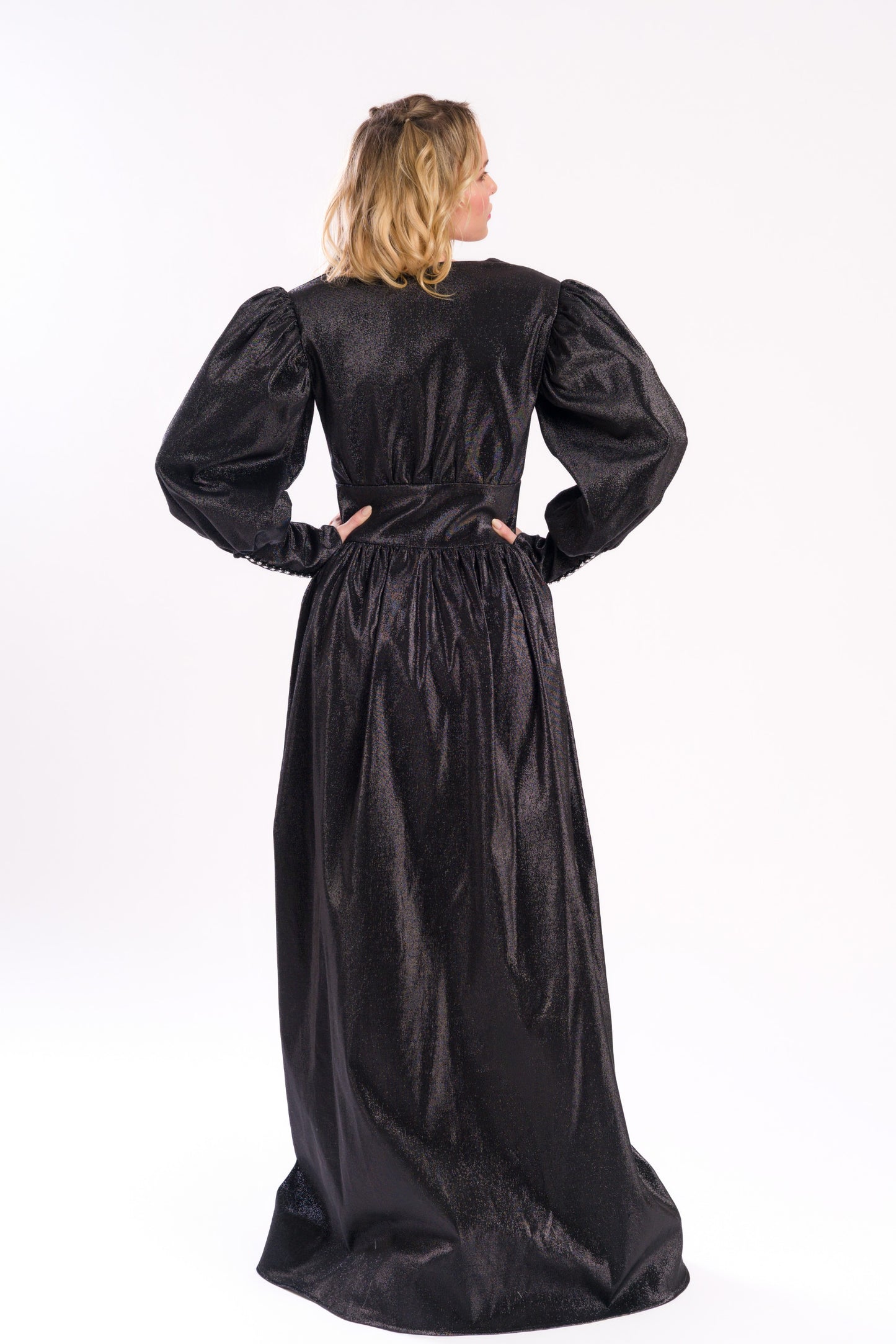 Black maxi dress with V - neck and lots of buttons at the sleeve caps