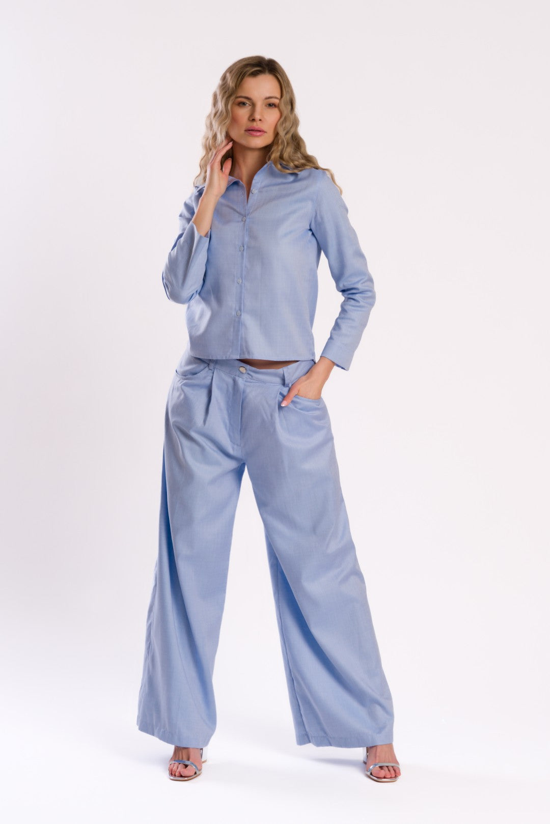 Aqua Blue Relaxed Fit Button-Up Pants