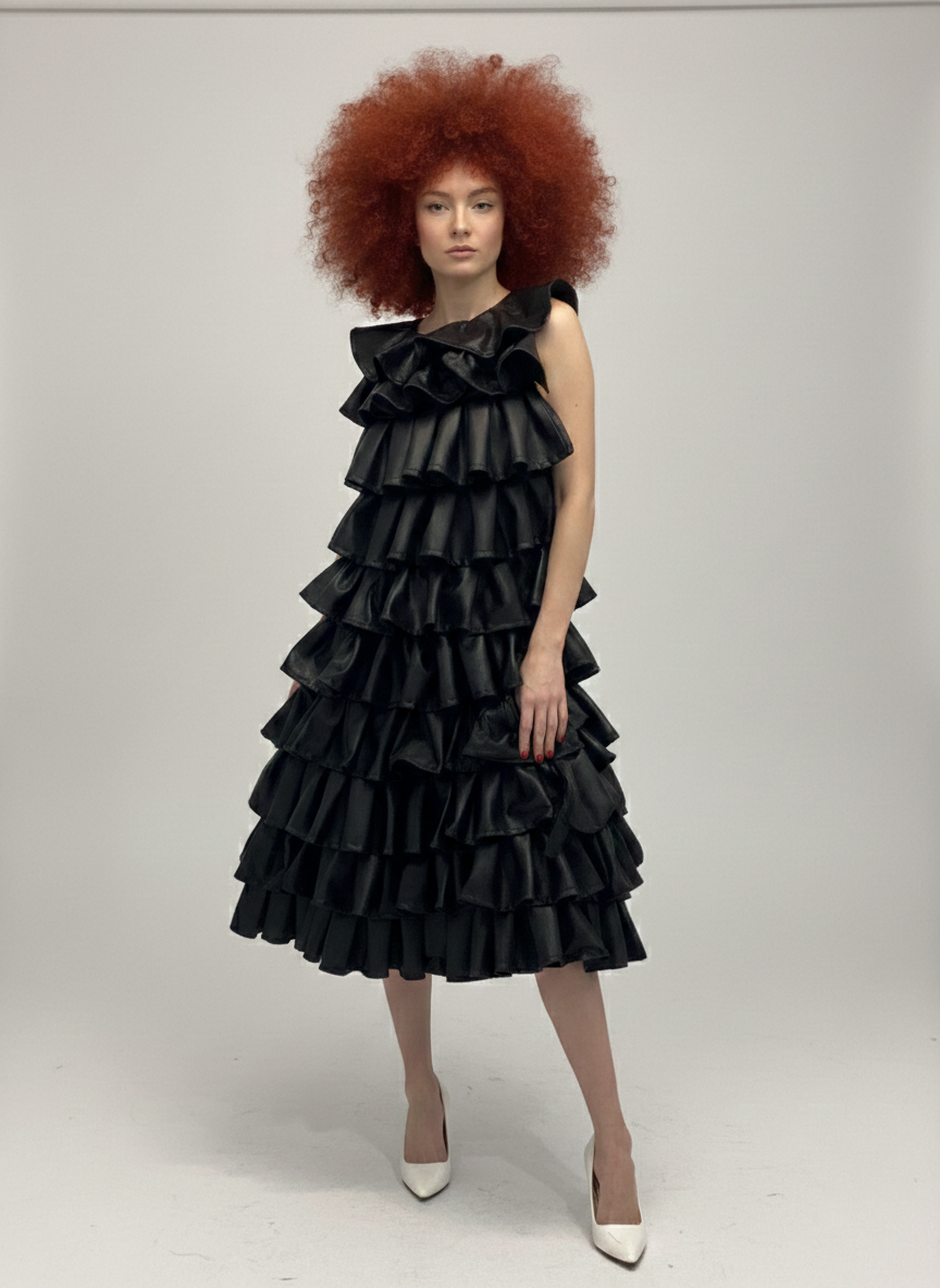 Upcycled Faux-Leather Tiered Ruffle Dress