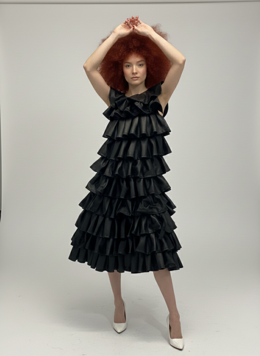 Upcycled Faux-Leather Tiered Ruffle Dress