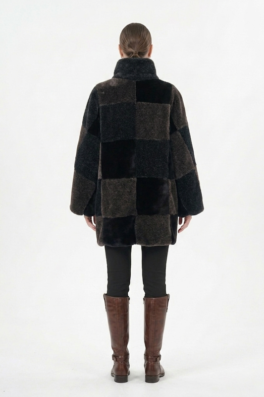 The Tricolor Patchwork: Upcycled Faux Fur Stand-Collar Coat
