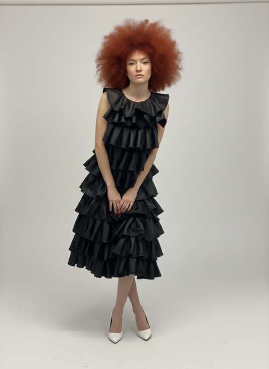 Upcycled Faux-Leather Tiered Ruffle Dress