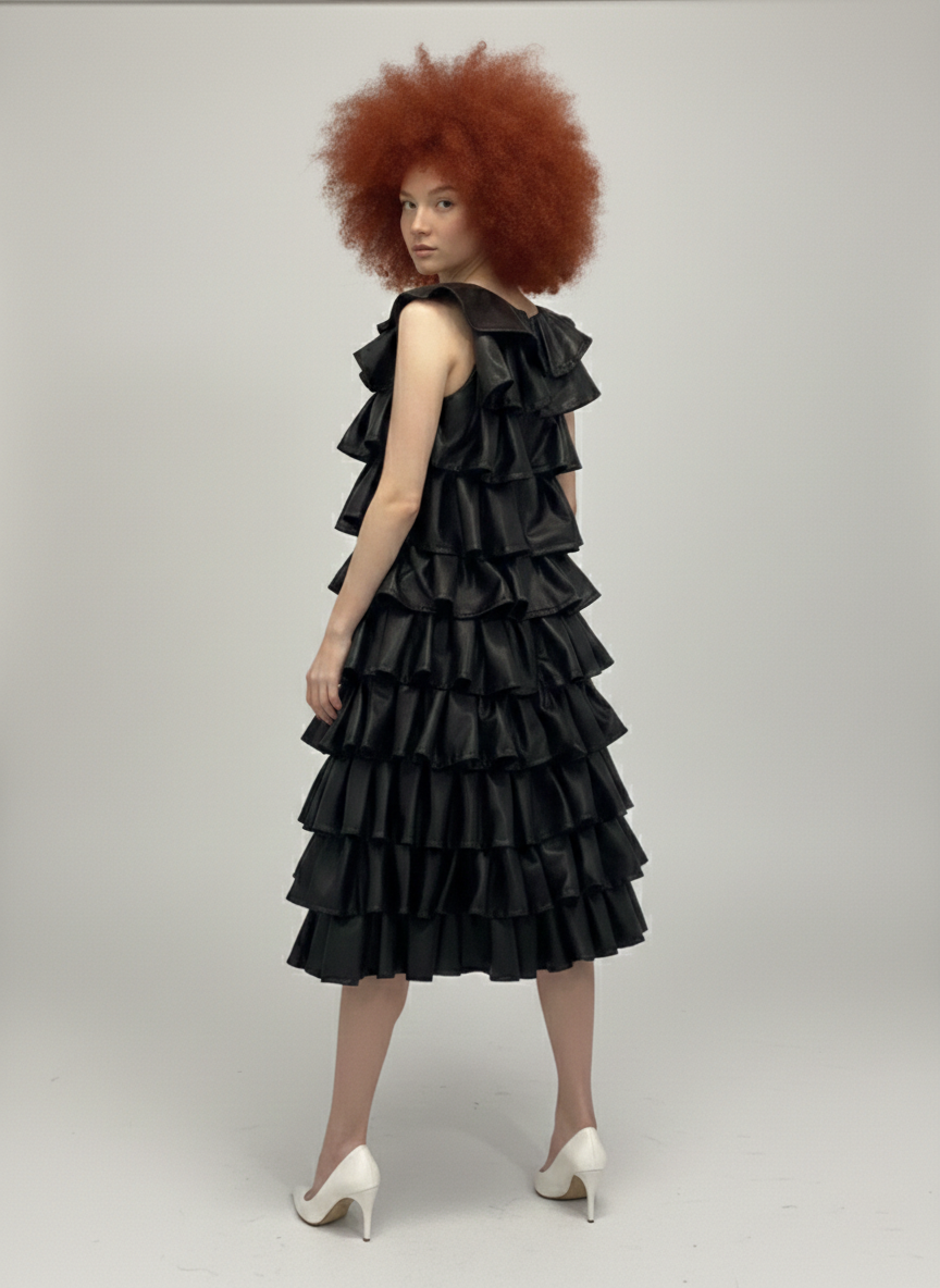 Upcycled Faux-Leather Tiered Ruffle Dress