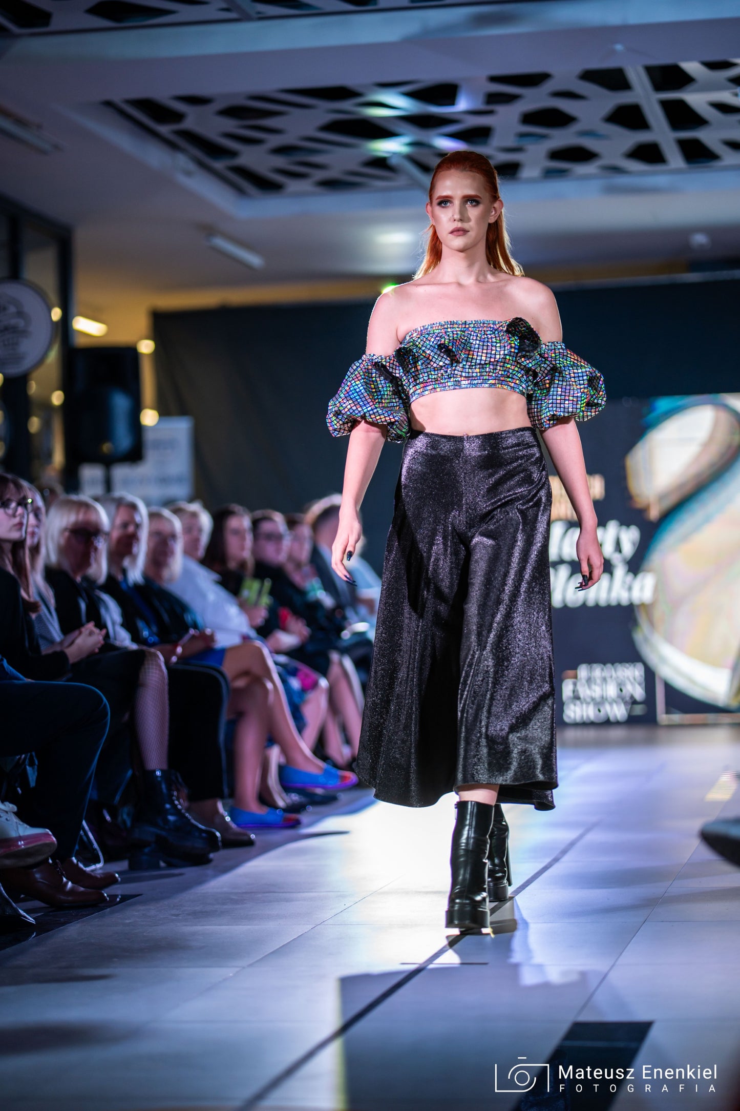 Sequined top with ruffles and puff sleeves