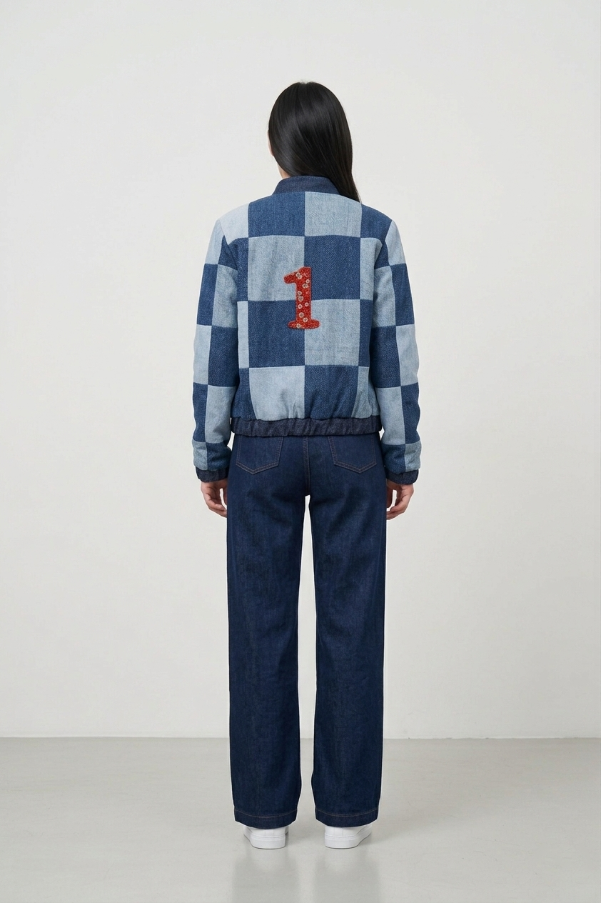 Recycled Denim Checkered Bomber Jacket made from Jeans "1"