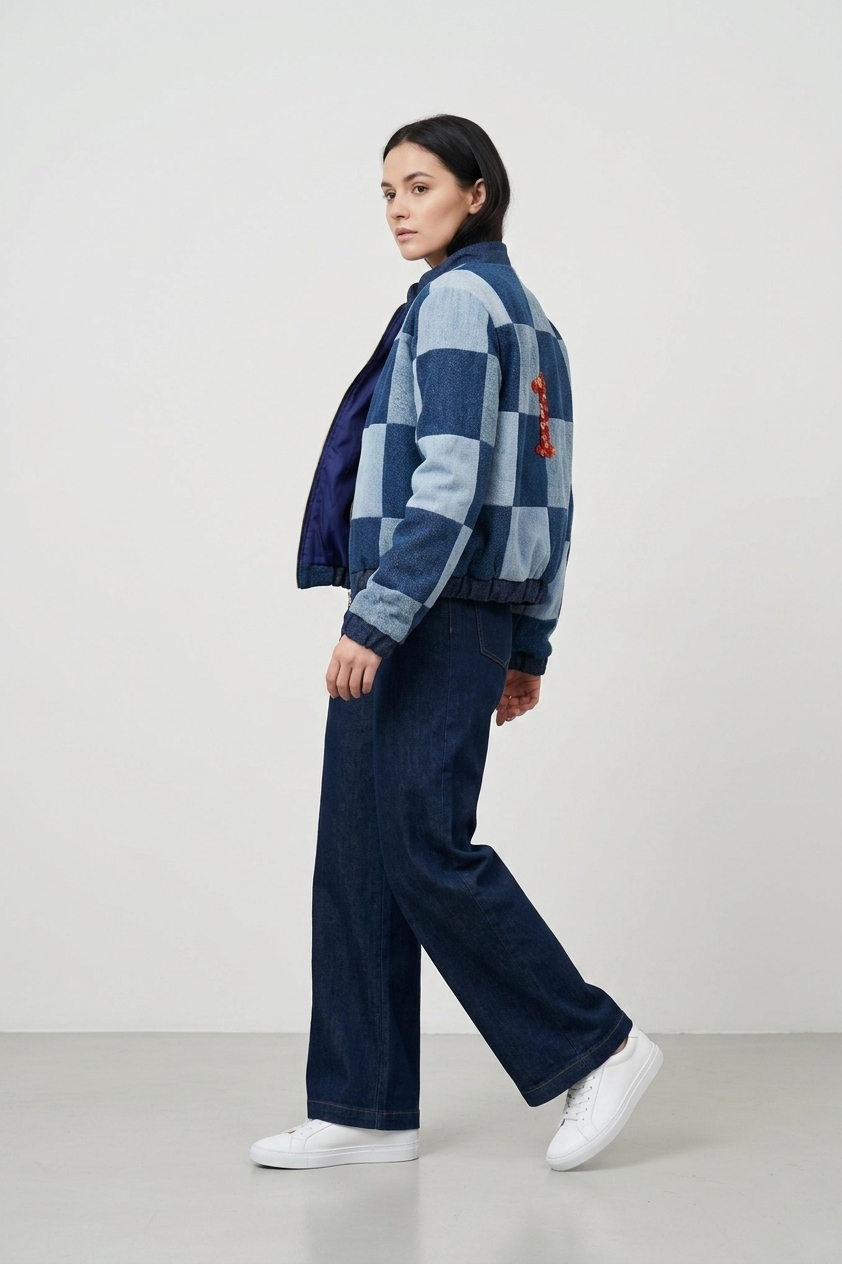 Recycled Denim Checkered Bomber Jacket made from Jeans "1"