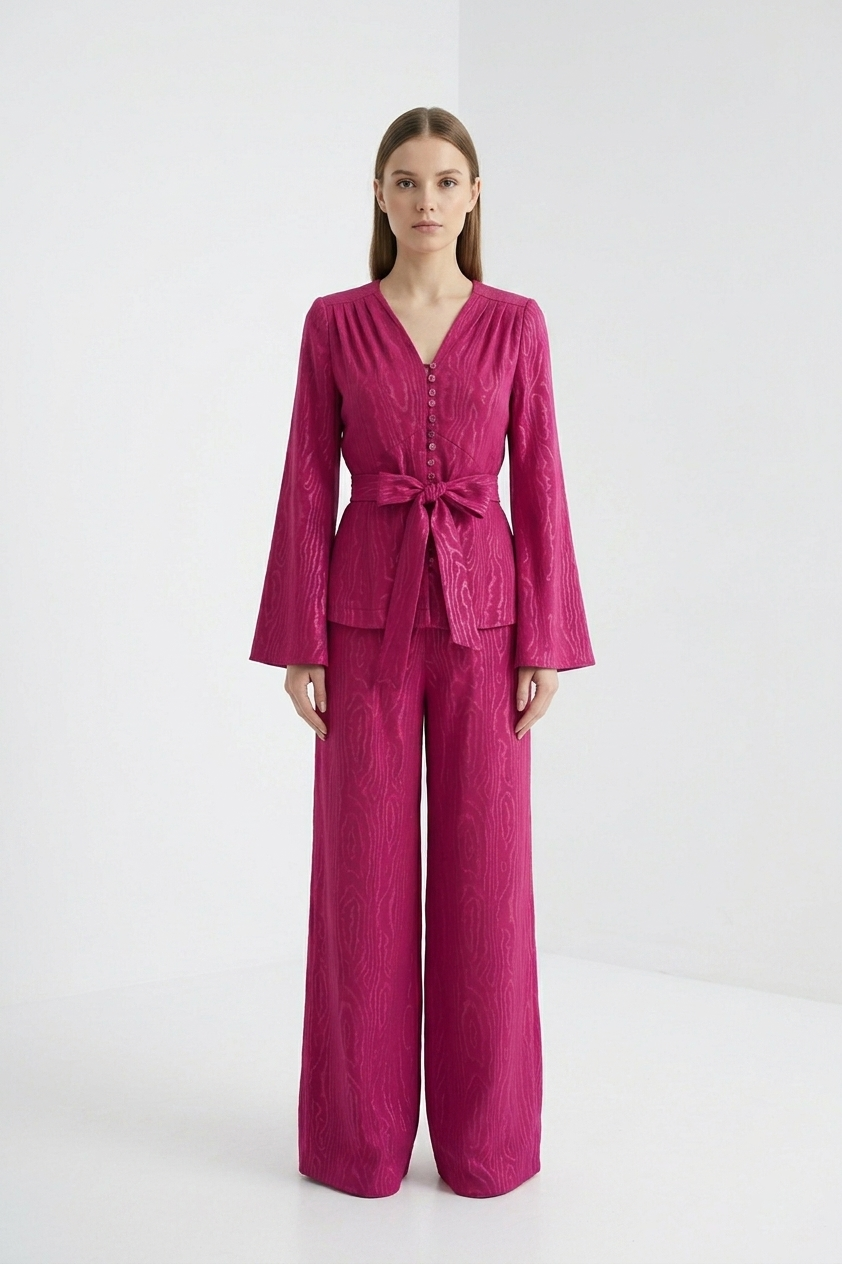 Upcycled Curtain Wide-Leg Trousers in Magenta Woodgrain Jacquard