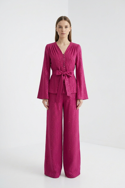 Upcycled Curtain Shirt in Magenta Woodgrain Jacquard