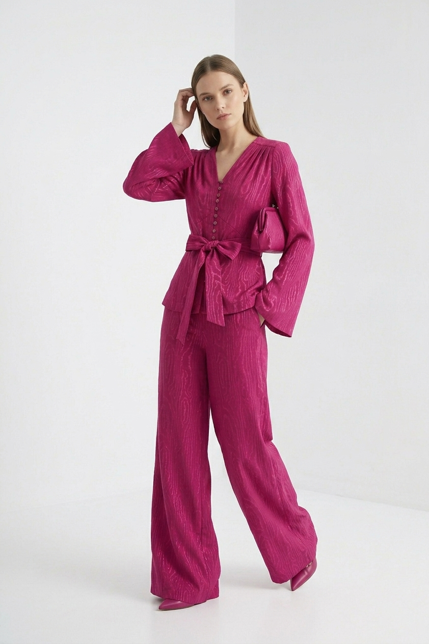 Upcycled Curtain Wide-Leg Trousers in Magenta Woodgrain Jacquard